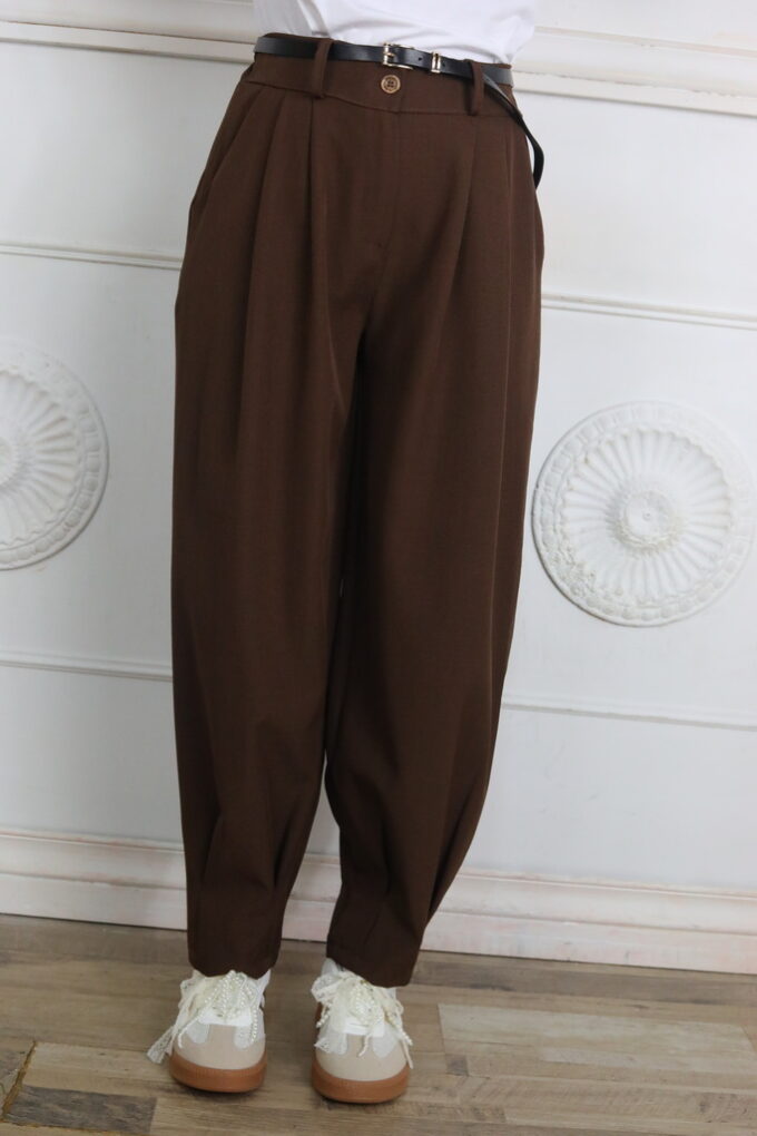 Pantalon Pinzas Cinturón - Única, Marrón oscuro