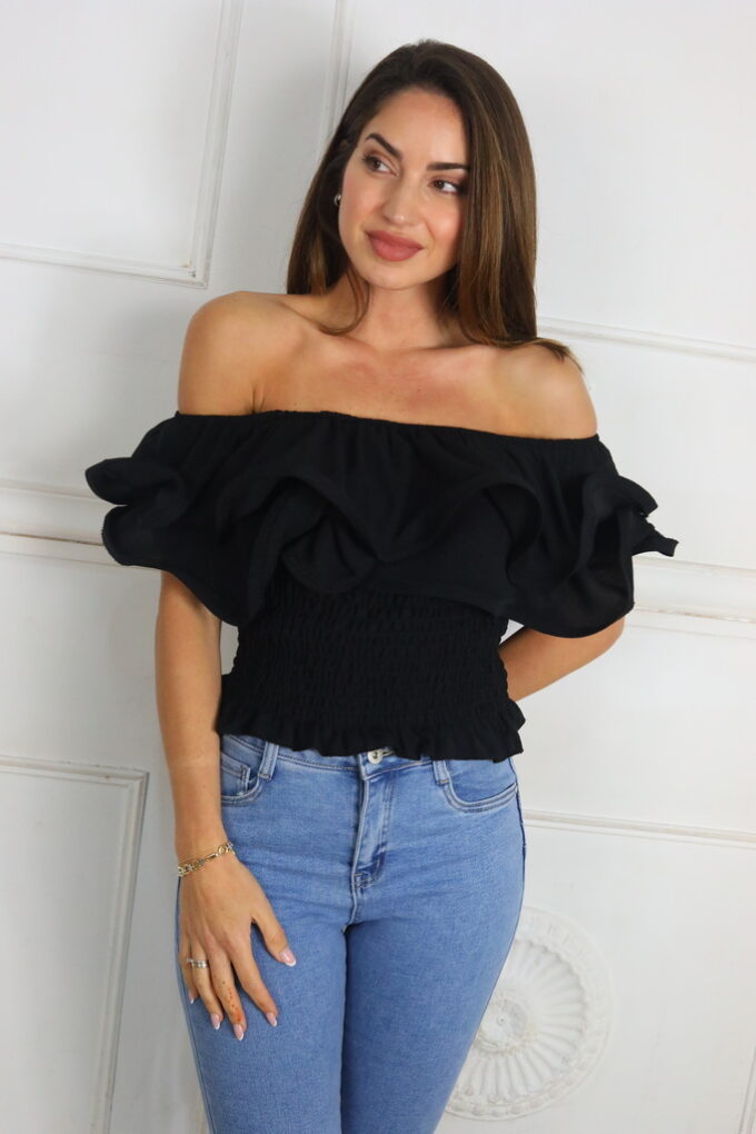 Top Fruncido Volantes - Única, Negro