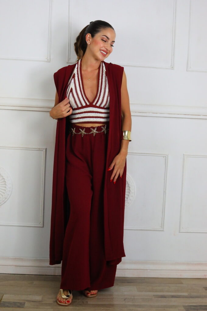 Conjunto Chaleco Largo - Única, Burdeos