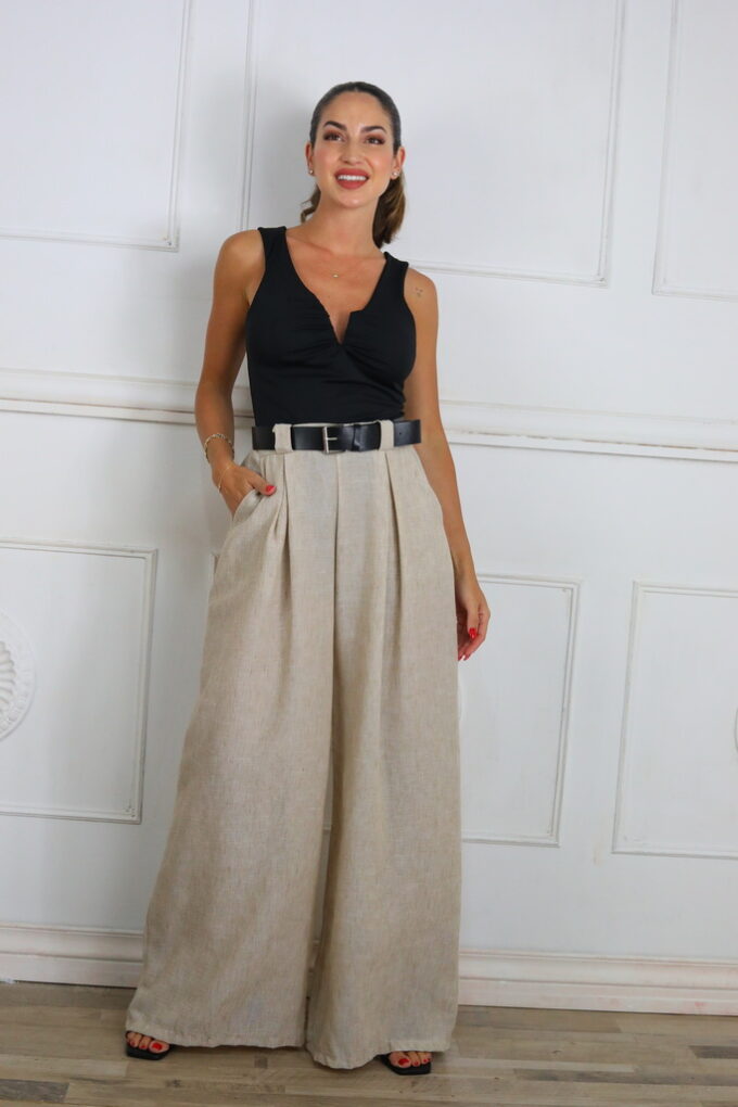 Pantalon Efecto Lino Cinturón