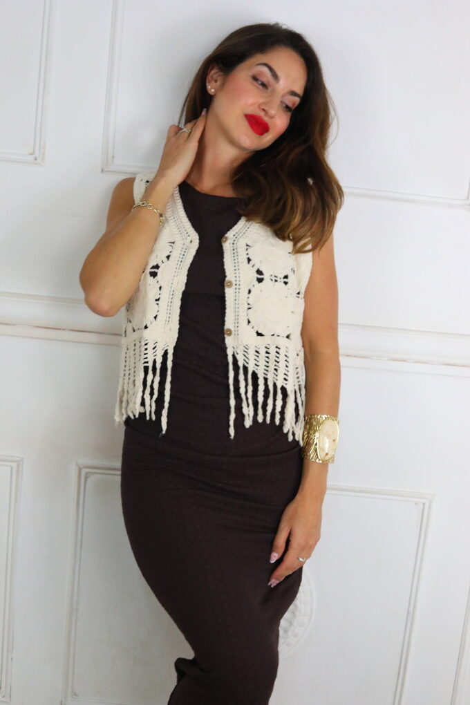 Chaleco Croché Flecos - Única, Beige
