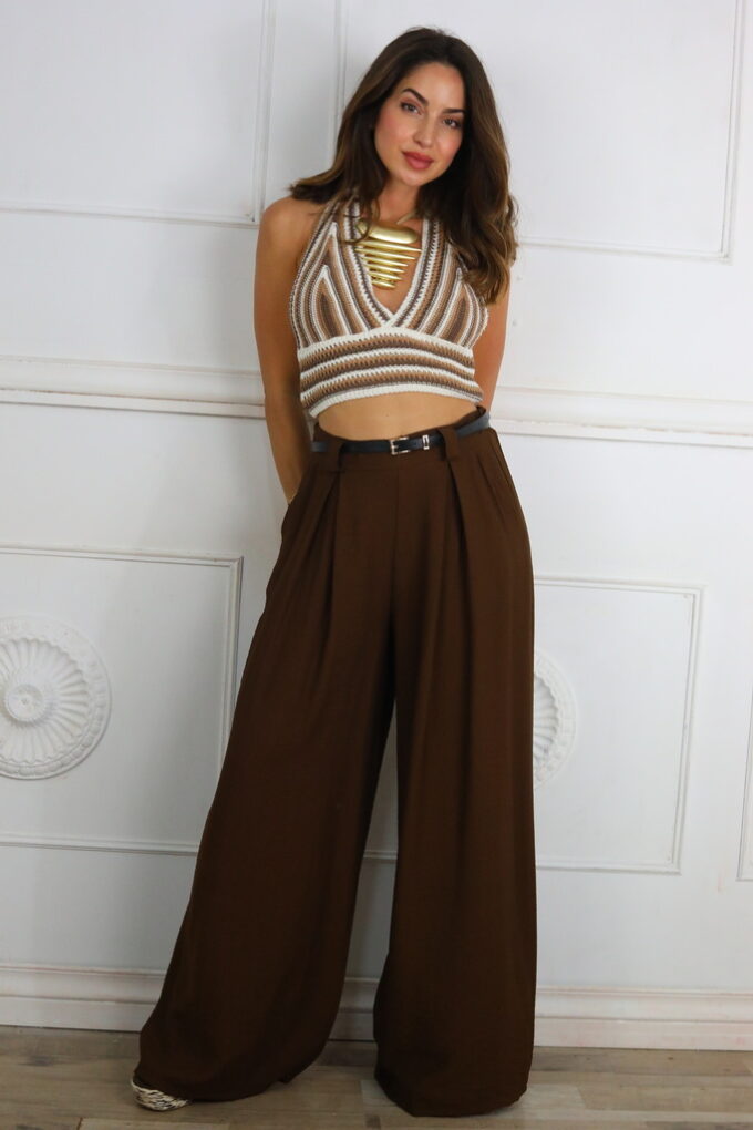 Pantalon Efecto Lino Cinturón - Única, Marrón oscuro