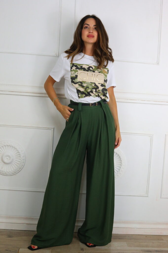 Pantalon Efecto Lino Cinturón - Única, Verde Militar
