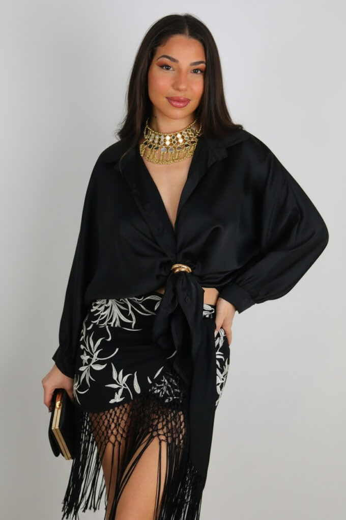 Camisa Raso Broche - Única, Negro