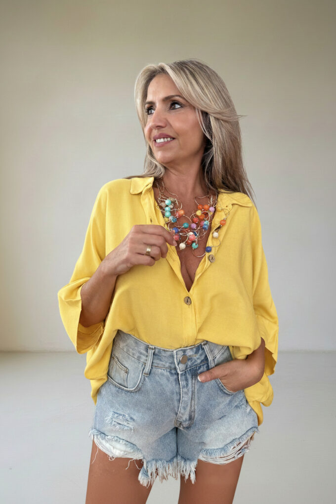 Camisa Botones Madera - Única, Mostaza
