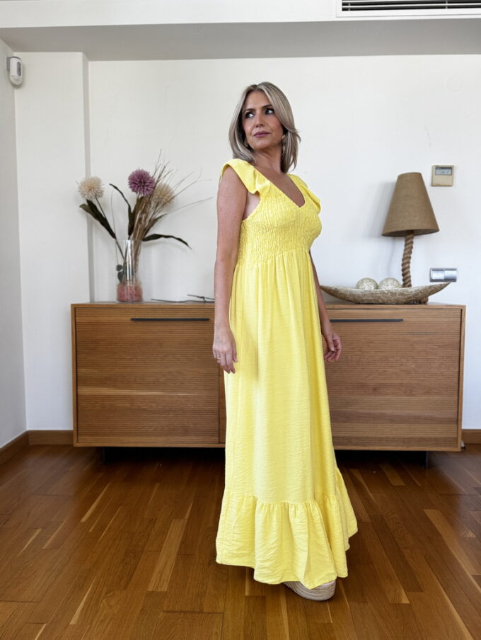 Vestido Efecto Lino Fruncido