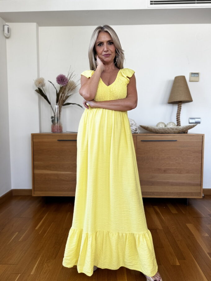 Vestido Efecto Lino Fruncido