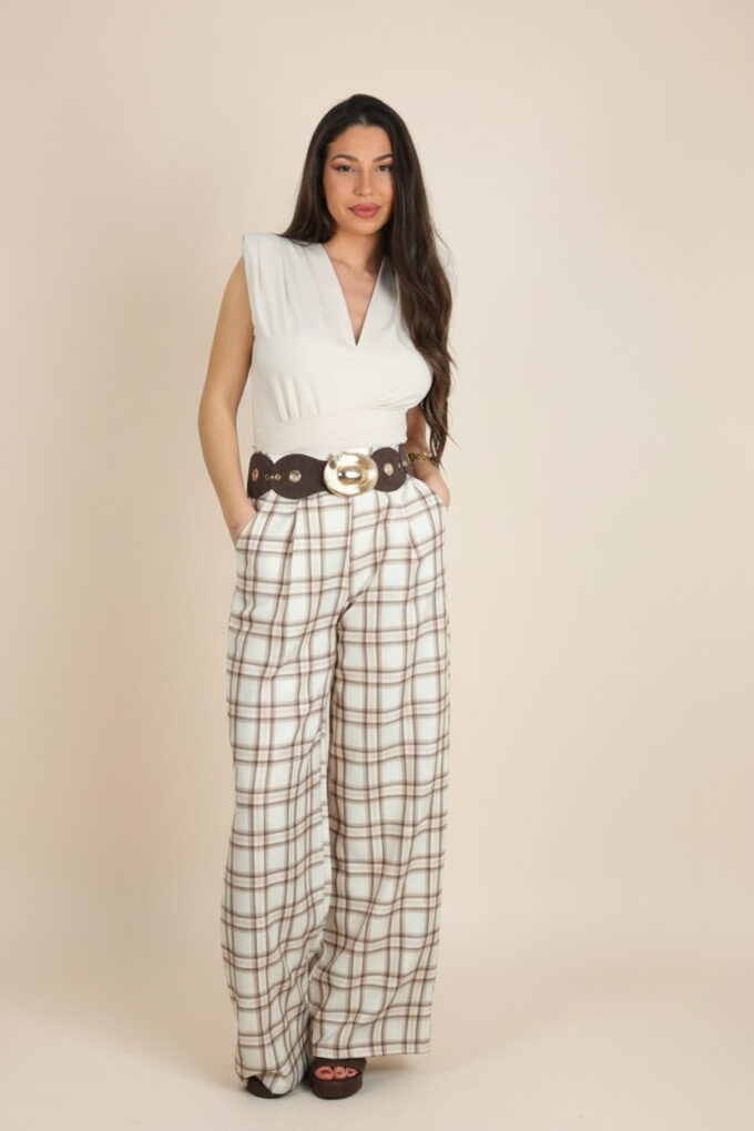 Pantalon Ancho Cuadros - Única, Beige
