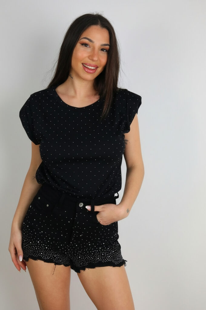 Camiseta Hombreras Brillos - Única, Negro