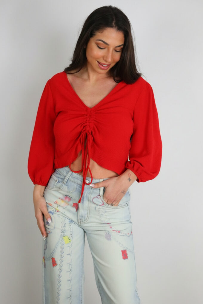 Blusa Fruncida Cordón - Única, Rojo