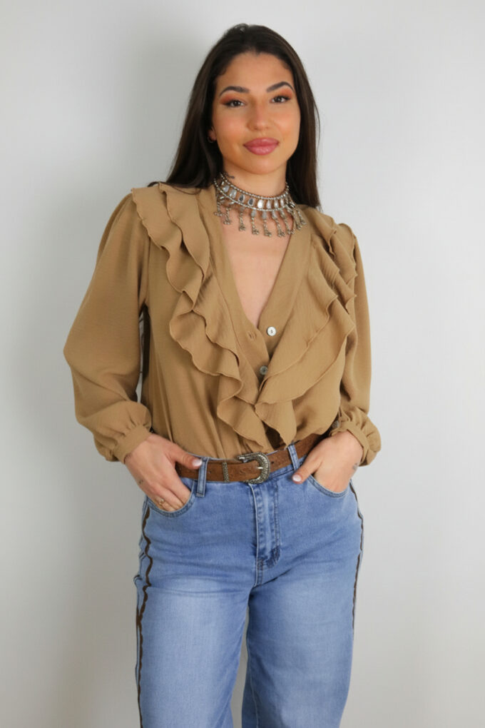 Blusa Botones Volantes - Única, Marrón