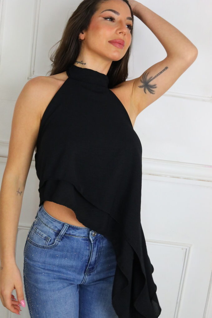 Blusa Volantes Asimétrica - Única, Negro
