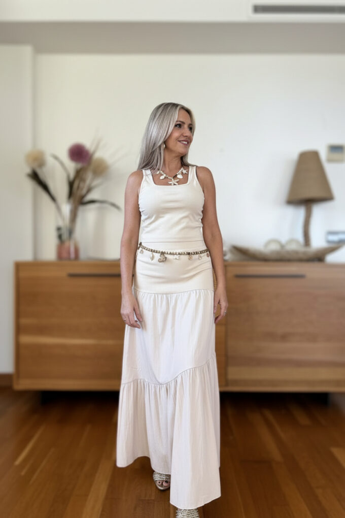 Conjunto Falda Larga - Única, Beige