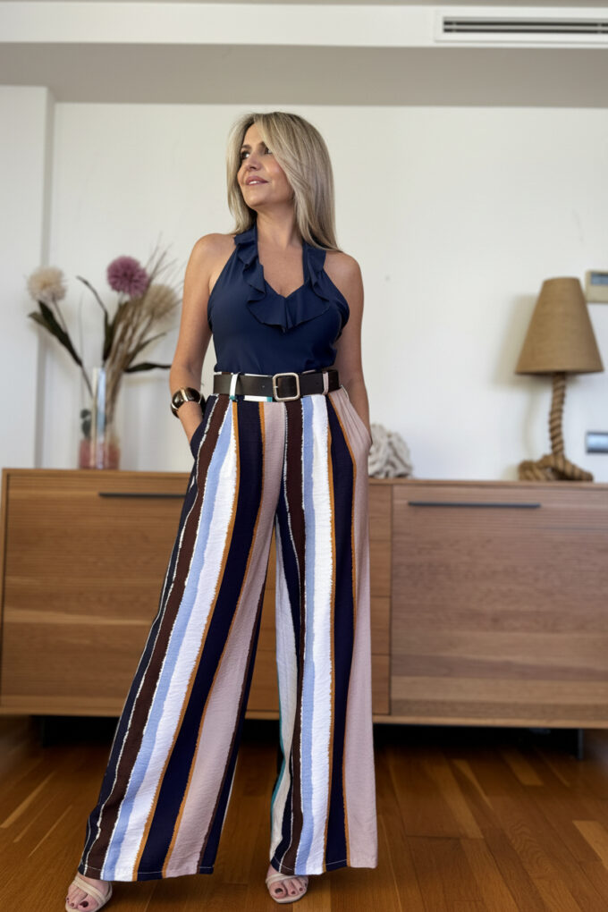 Pantalon Estampado Cinturón - Única, Azul Marino