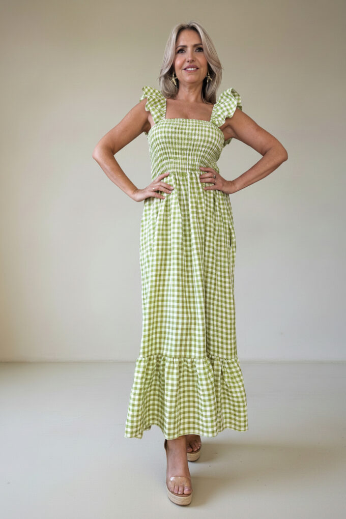 Vestido Fruncido Vichy - Única, Verde Oliva