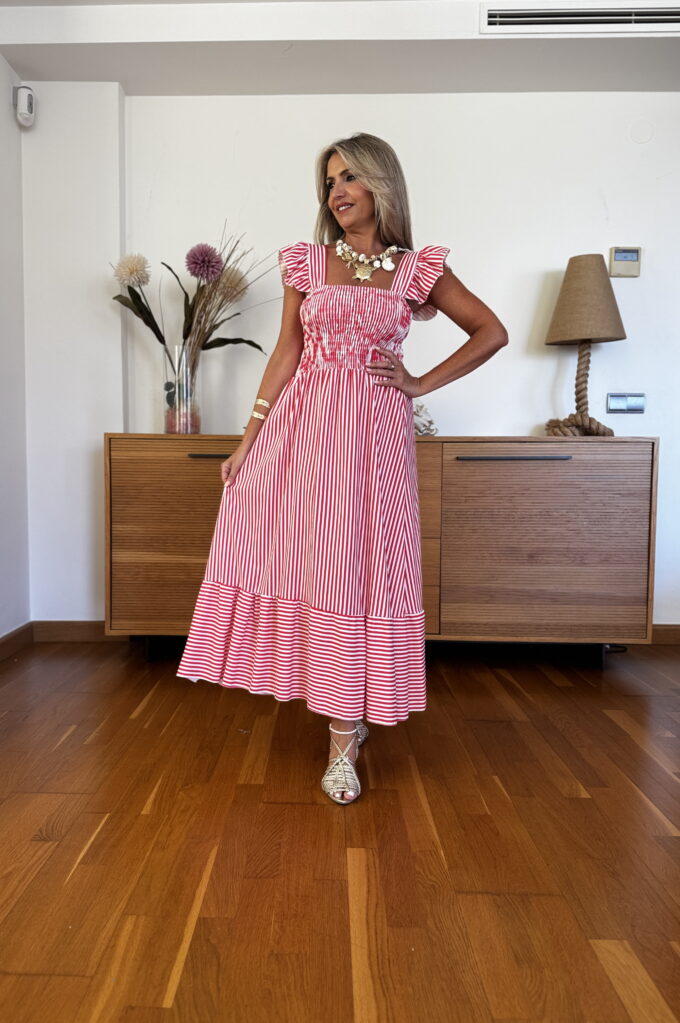 Vestido Fruncido Volante Rayas
