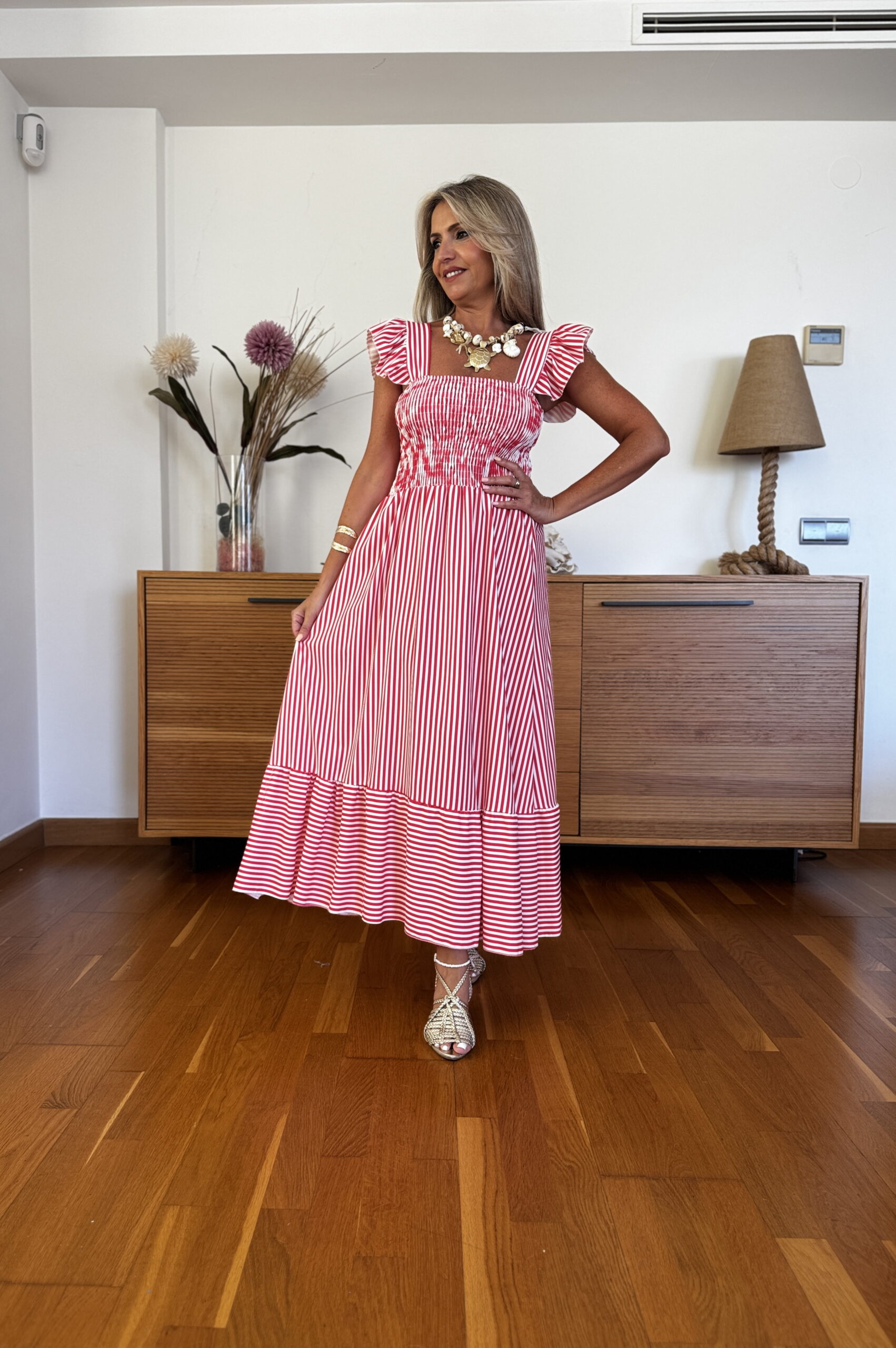 Vestido Fruncido Volante Rayas