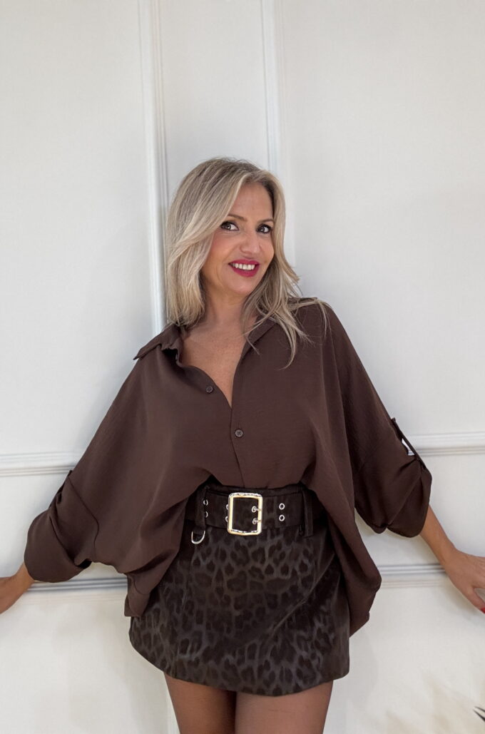 Camisa Oversize Botón Manga - Única, Marrón oscuro