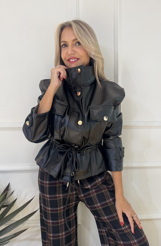 Chaqueta Polipiel Cargo Cordón - Única, Negro