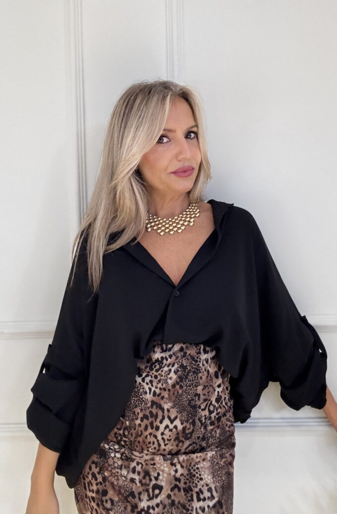Camisa Oversize Botón Manga - Única, Negro