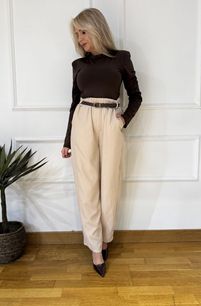 Pantalon Costura Cinturón - Única, Beige